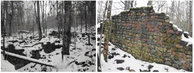 Стены, оставшиеся от конюшен и каретников, находящиеся на территории усадьбы Юрьево(Пожогово)  Фотография 2012 г.