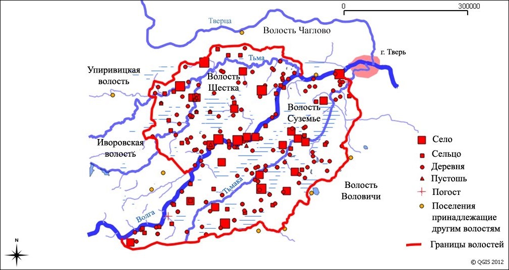 Рисунок 1. Все локализованные населенные пункты и границы волостей (по писцовым материалам XVI в.)