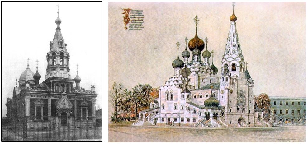 Рис. 9. Храмы, к которым были пристроены поминальные усыпальницы:  Полковая церковь Архангела Михаила на Сампсониевском проспекте в Петрограде, Полковой храм во дворе казарм лейб-гвардии 4-го Стрелкового Императорской Фамилии полка по Волконской улице, Петроград (фото с сайтов: http://www.etoretro.ru/pic35158.htm?sort_field=image_date&sort=DESC и http://tsarskoye.livejournal.com/491834.html, дата последнего обращения: 19.12.2014)