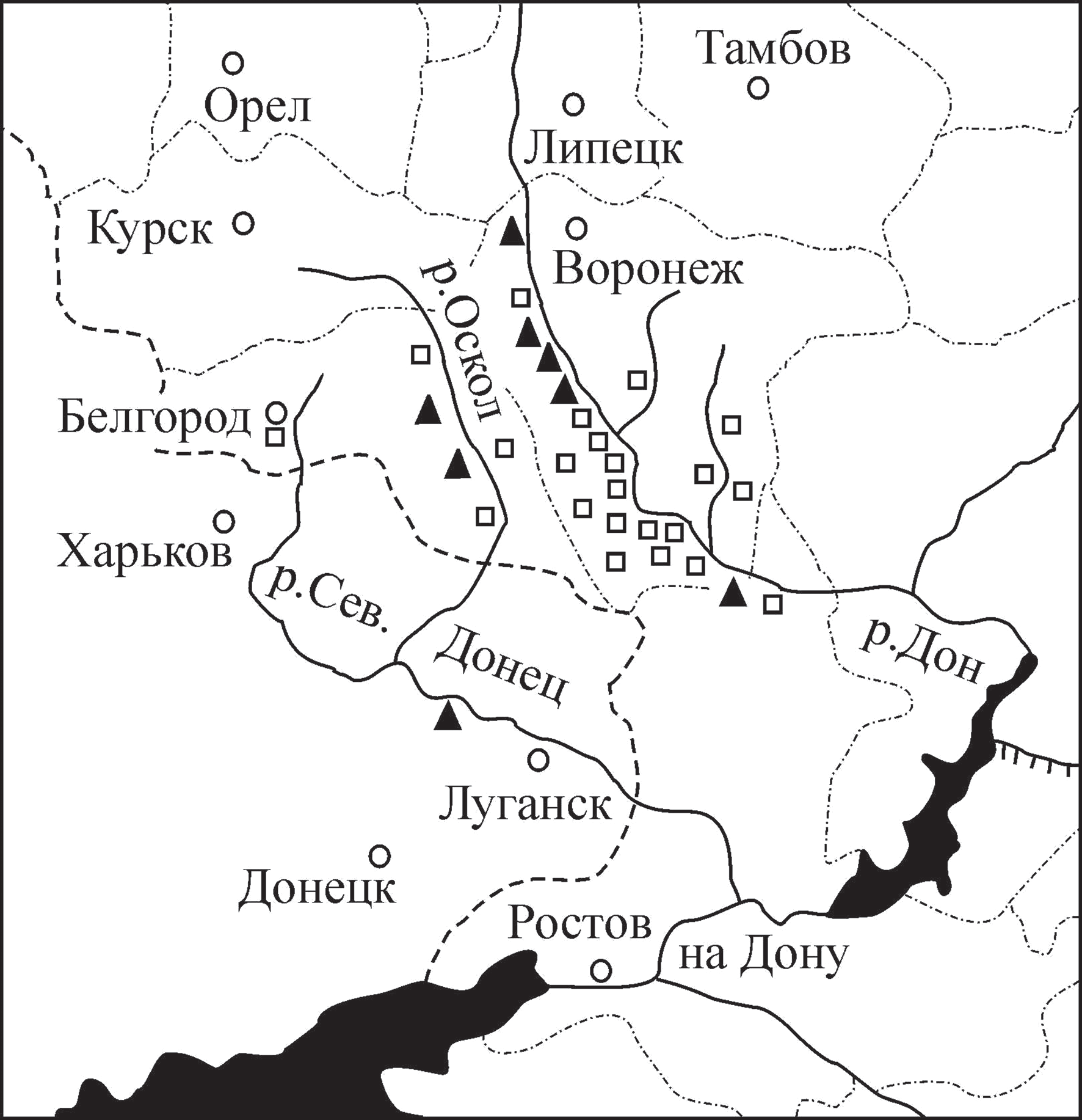 Рис. 1. Схема расположения культовых пещерных памятников среднего Подонья: -XVI–XVII в в.; — XVIII–XIX вв.