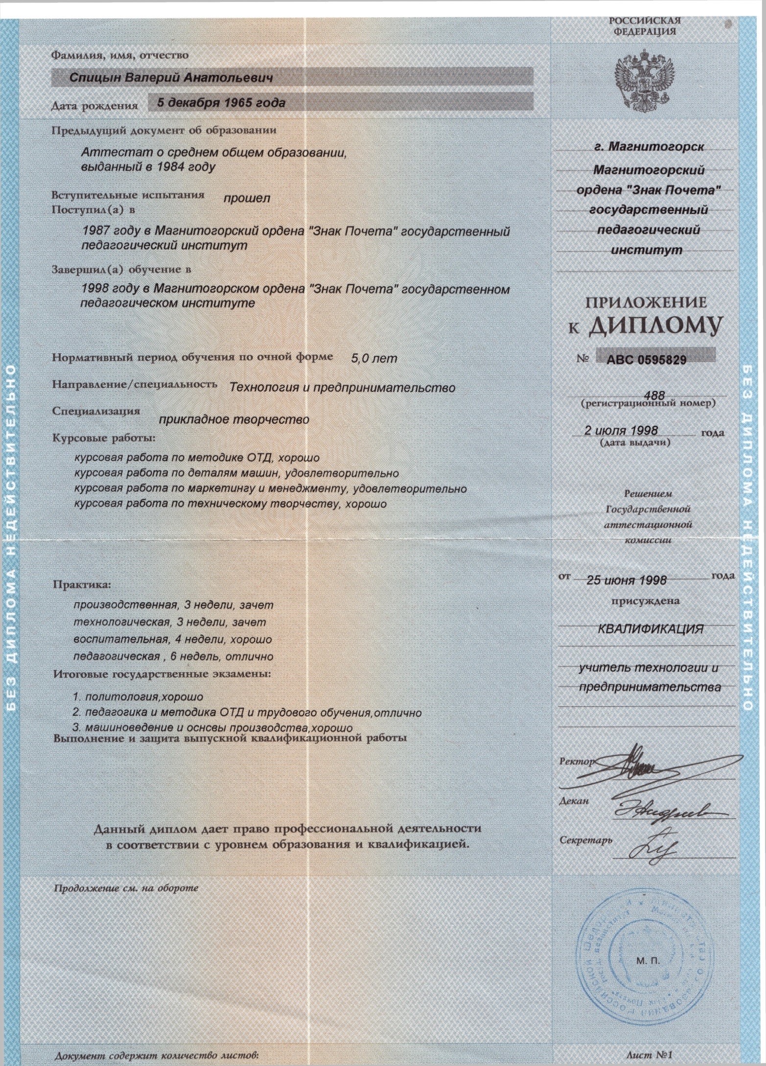 Приложение к Диплому Спицына В. А. об окончании Магнитогорского государственного педагогического института
