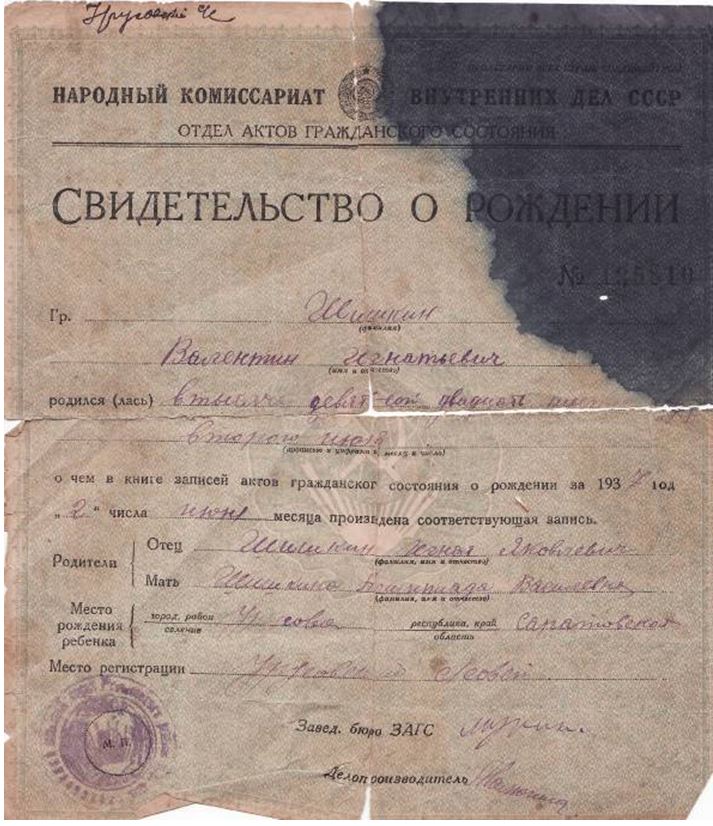 Свидетельство о рождении Шишкина В.И.